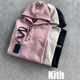 Kith Hooded Sweaters Embroidery Logo Pure Cotton Button Round Neck Loose Autumn and Winter Thin Long Sleeve Casual