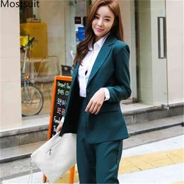 Korean Casual Women Pant Suit Sets Single Buttons Blazer Jacket + Pencil Pants Fashion Office Business 2 Piece Suits 210513