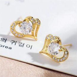 Crystal Love Heart Sliver Golden Color Stud Earrings For Women Stone White Gold Wedding Ear Studs Zircon Valentine Day Jewelry