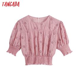 Tangada Women Summer Pink Hollow Out Embroidery Cropped Blouses Vintage Short Sleeve Female Tunic Shirts Chic Tops BE626 210609