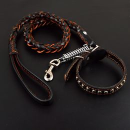 Dog Leash With Collar Pet Chain Cowhide Collars Round Rivet Metal Hook Genuine Leather Medium and Large Dogs Pets Supplies