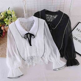 Autumn Temperament Chiffon Shirt, Gentle Design, Niche Short, V Doll Collar, Long-sleeved Lace Top GX1136 210507