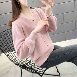 Knitted Thin Long-sleeved Bottoming Sweater Female Loose V-neck Button Decoration Solid Colour Frill Women Spring 210427