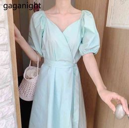 Gaganight Sweet Women Solid Maxi Dress Short Sleeves V Neck Slim Bodycon Casual Dresses Femme Robe Summer Vestidos Lace Up 210519