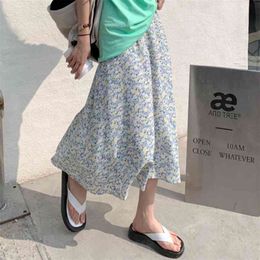 Floral Print Skirts Womens Vintage Elastic High Waist Midi Summer Sweet Ladies Holiday Saia Faldas 210529