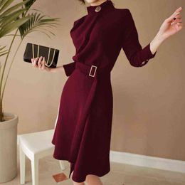 New Arrival Autumn Women Elegant Button Stand neck Belted Long Sleeve Work Business Party black wine red Split Dress Vestidos G1214