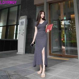 collar slim stripes sexy split tights hip dress female V-Neck Natural Knee-Length 210416