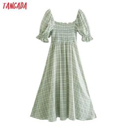 Tangada Women Green Plaid Print French Style Long Dress Puff Short Sleeve Off Shoulder Ladies Dress 8M18 210609