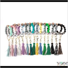 Rings Jewelrykimter Wooden Beads Wristlet Key Ring Solid Colour Stretchy Sile Bracelet Keychain With Tassel For Lady Bag Pendant Q385Fz