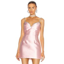 Summer Spaghetti Strap Mini Pink V Neck Dress For Women Sexy Sleeveless Diamonds Lady Club Evening Party Sundress 210423