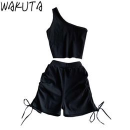 WAKUTA Sexy One Shoulder Slim Camis Lace Up Empire Shorts 2 Pcs Set Women Casual Chic Off Shoulder Wide Leg Suits Sports Outfits Y0625
