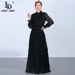 LD LINDA DELLA Fashion Runway Maxi Dresse's Long Sleeve Lace Patchwork Ruffles Vintage Black Elegant Party 210623