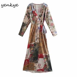 Spring Women Vintage Patchwork Floral Print Dress Female Cross V Neck A-line Casual Wrap Long Plus Size Vestido 210514