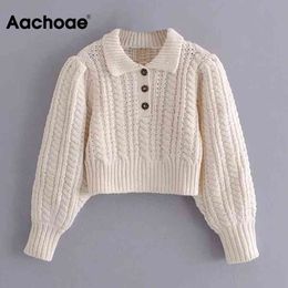 Aachoae Autumn Winter Chic Women Solid Knitted Twist Sweater Puff Long Sleeve Pullover Top Turn Down Collar Cropped Sweaters 210413