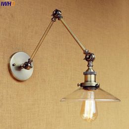 Brass Retro LED Wall Light Fixtures Home Lighting Bedroom Glass Lampshade Apliques Pared Vintage Lamp Long Arm Loft Lamps