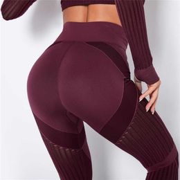 Seamless Sport Women Leggings Fitness Red Wine Hollow Print High Waist Elastic Push Up Workout Running Pants 211204