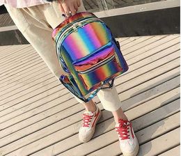 New Fashion Sequins Backpack Rainbow Hologram Laser Women Lady PU Leather Zipper School Shoulder Bags Embroidered Travel X0529