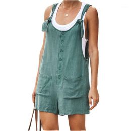 Women's Jumpsuits & Rompers Women Cotton Linen Short Romper Summer Strappy Straight Playsuits 2021 Casual Buttons Loose Ladies Big Pocket Ov