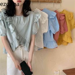 Ezgaga Sweet Women Blouse Sweet Short Puff Sleeve Crop Tops Solid Ruffles Slim All-Match Elegant Shirts Korean Chic Fashion 210430