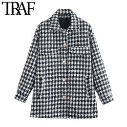 TRAF Women Fashion With Pockets Loose Cheque Tweed Jacket Coat Vintage Long Sleeve Button-up Female Outerwear Chic Tops 210415
