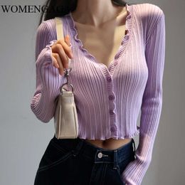 WOMENGAGA French Ruffle Girl V-neck Buckle Slimming Long-sleeved Knitted Cardigan Bottoming Tops T Shirt Knitting Women V0W1 210603