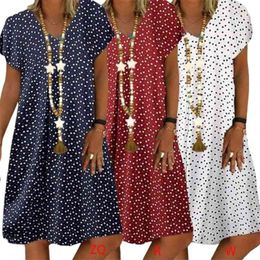 Women Summer Short Sleeve V-Neck Loose Midi Dress Heart Printed Sundress Ladies Plus Size Beach Dress S-5XL 210331