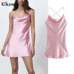 Klkxmyt Za Dress Women Pink Satin Short es Summer Woman Backless Spaghetti Strap Sexy es Ladies Club Night 210527