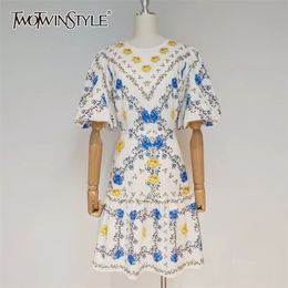 Hit Color Summer Dress For Women O Neck Puff Half Sleeve High Waist Print Mini Dresses Female Fashion Clothing 210520