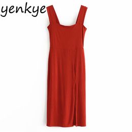 Vintage Screw Thread Knit Dress Women Sleeveless Square Neck Midi Hem Slits Pencil Sexy Fashion Night Out Party es 210514