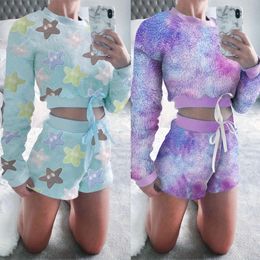 Winter Tie Dye Star Print Plush Women 2 Pieces Set Casual Long Sleeve O Neck Bow Crop Top+High Waist Shorts Ladies Furry Outfits 210412