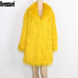 Nerazzurri Jacket Women's winter Coat Faux Fur Women Long Sleeve Yellow Elegant Fluffy Shaggy Fake Fur Coats Female outerwear Y0829