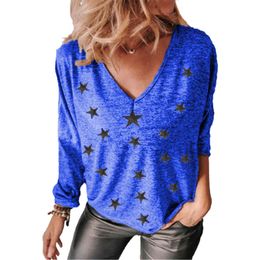 Plus Size Women T-Shirts Fashion Pentagram Print V Neck Long Sleeve Pullovers Autumn Casual Loose Ladies Oversize Blue T-Shirts 210412