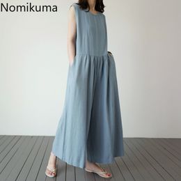 Nomikuma Casual Fashion Cotton Linen Jumpsuit Women Solid Color Sleeveless Wid Leg Rompers Female Korean Overalls 3c118 210514