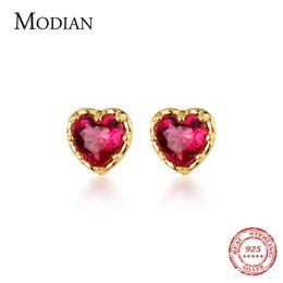 Romantic Red Crystal Hearts Stud Earring for Women Fashion 925 Sterling Silver Wedding Engagement Statement Jewelry 210707