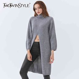 Loose Black Knitted Pullover For Women Turtleneck Long Sleeve Front Split Casual Sweater Female Fall Style 210524