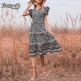 Tie Neck Ruffle Sleeve Frill Trim Women Summer Dresses Holiday Boho Casual Floral Print Swing Midi Dress 210510