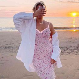 Floral Printed Mesh Patched Summer Y2k Dresses With Thin Strap Women Pink Bodycon Sundress Casual Party Long Dress Beachwear 210510