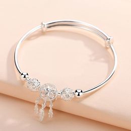 YHAMNI Original 925 Sterling Silver DreamCatcher Bracelet With Feather Tassel Pendant / Round Beads Charm Bracelets For Women