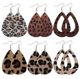 Fashion Leopard Print Leather Dangles Earrings Faux Horse Fur Hollow Out Teardrop Double Side Dangle Earring for Women Jewellery Accessories