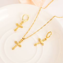 18 k fine solid G/F gold small cross Pendant Necklace chain Earrings Christian jewelry sets Jesus Gifts