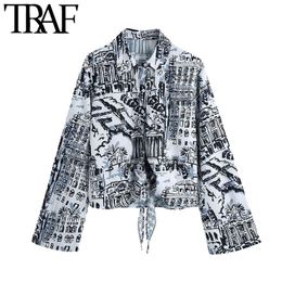 TRAF Women Fashion With Bow Printed Asymmetry Blouses Vintage Long Sleeve Button-up Female Shirts Blusas Chic Tops 210415