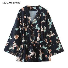 Bohemian Women Black Flower Print Kimono Shirt Holiday Beach Tide Bow Sashes Mid Long Cardigan Chiffon Blouse BOHO Tops 210429