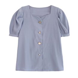 Women Solid Shirt Blue Slash Neck Short Sleeve Button Spring Summer Puff Violet B0652 210514