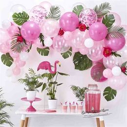 Mix Pink Flamingo Balloons Chain DIY Tropical Hawaii Island Theme Globos Garland a Leaves Birthday Party Year Decor 210719
