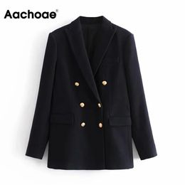 Aachoae Casual Black Blazer Suit Double Breasted Vintage Coat Long Sleeve Notched Neck Ladies Tops Outerwear Autumn Spring 210413