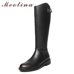 Winter Riding Boots Women Natural Genuine Leather Block Heel Knee High Zipper Round Toe Shoes Lady Fall Size 33-43 210517