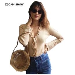 French Ruffles V neck Lacing up Strappy Knitted Cardigan Sweater Woman Flare sleeve Short Jumper kleding jerseis mujer 210429