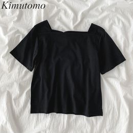 Kimutomo Summer Short Sleeve T-shirt Women Korean Style Square Collar Slim Waist Solid Short Tops Outwear Fashion 210521