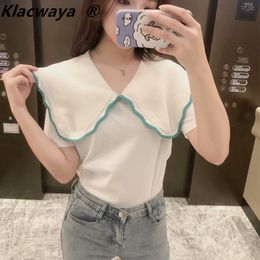 Za Women Summer T-Shirts Stitching Navy crew neck Short Sleeve Casual White 100% Cotton Ladies Chic Pullover Tops 210521