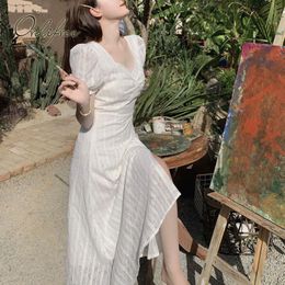 Summer Women Party Maxi Tunic Striped Slit Elegant Long White Chiffon Dress 210415